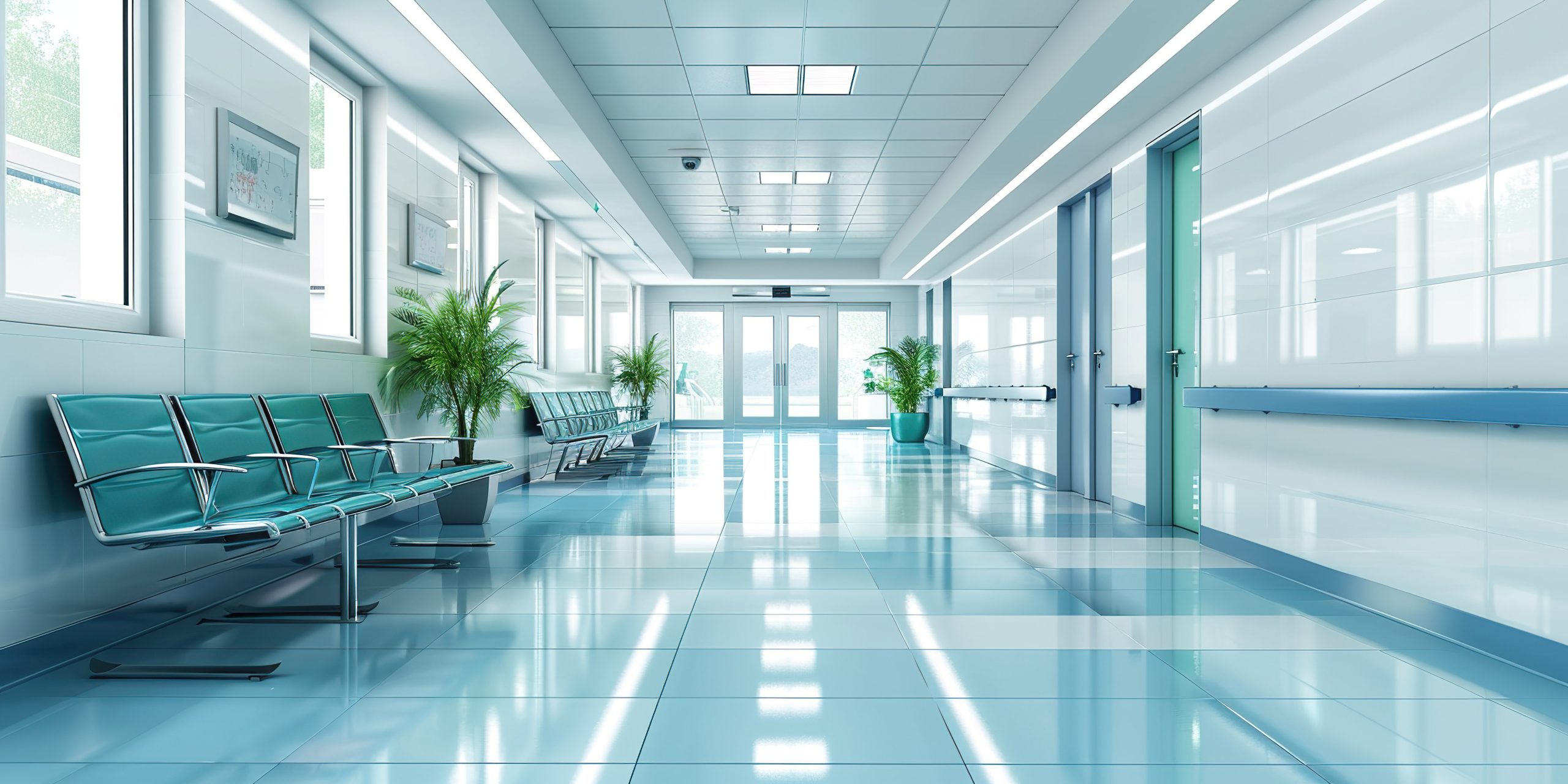 Modern healthcare corridor with integrated door control and secure access systems