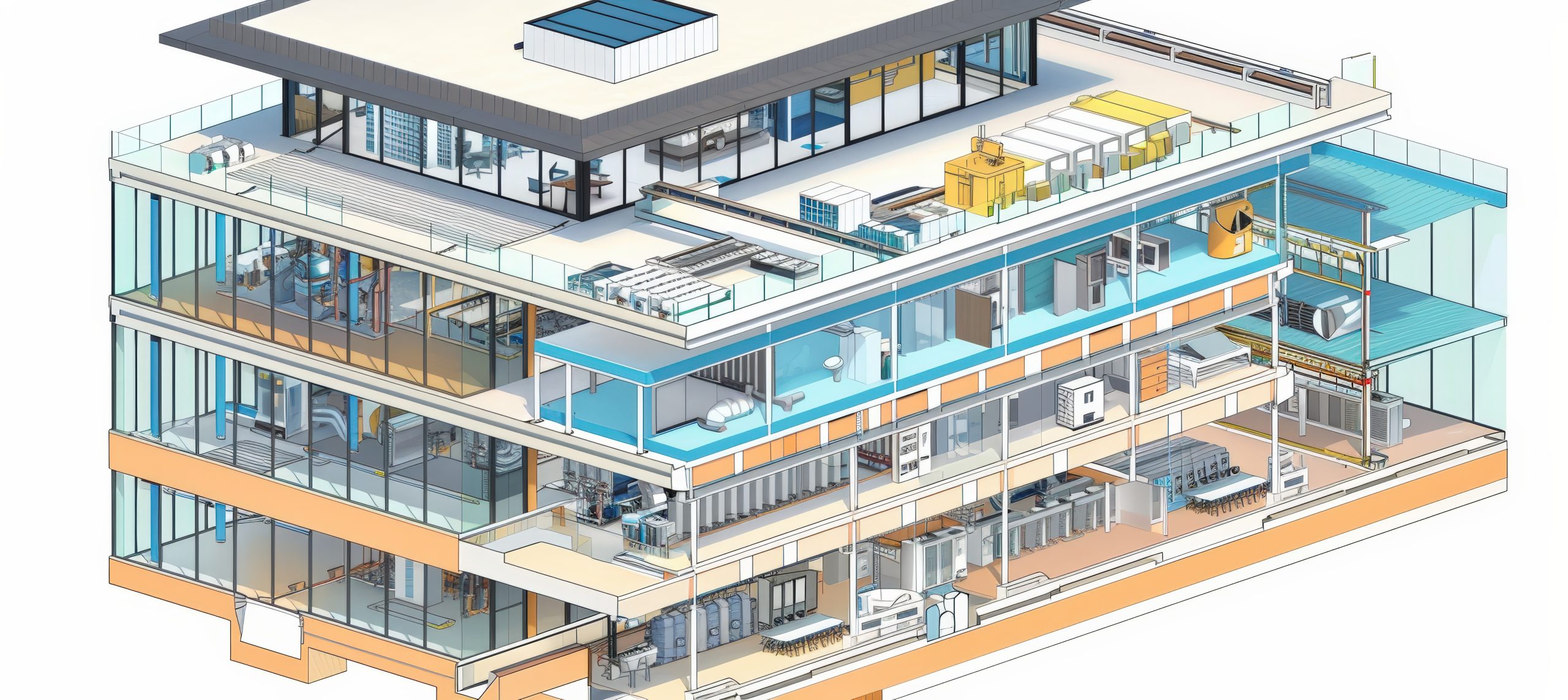 Detailed Cross-Section of an Energy-Efficient Commercial Building with Advanced HVAC and Renewable Energy Systems